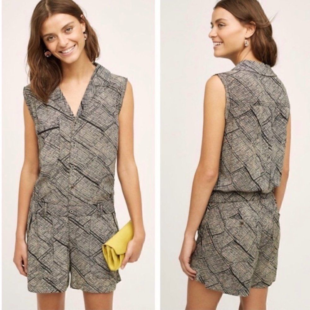 Anthropologie‎ Hei Hei Nova Romper Sleeveless V-Neck Pockets Button Front Tan XS
